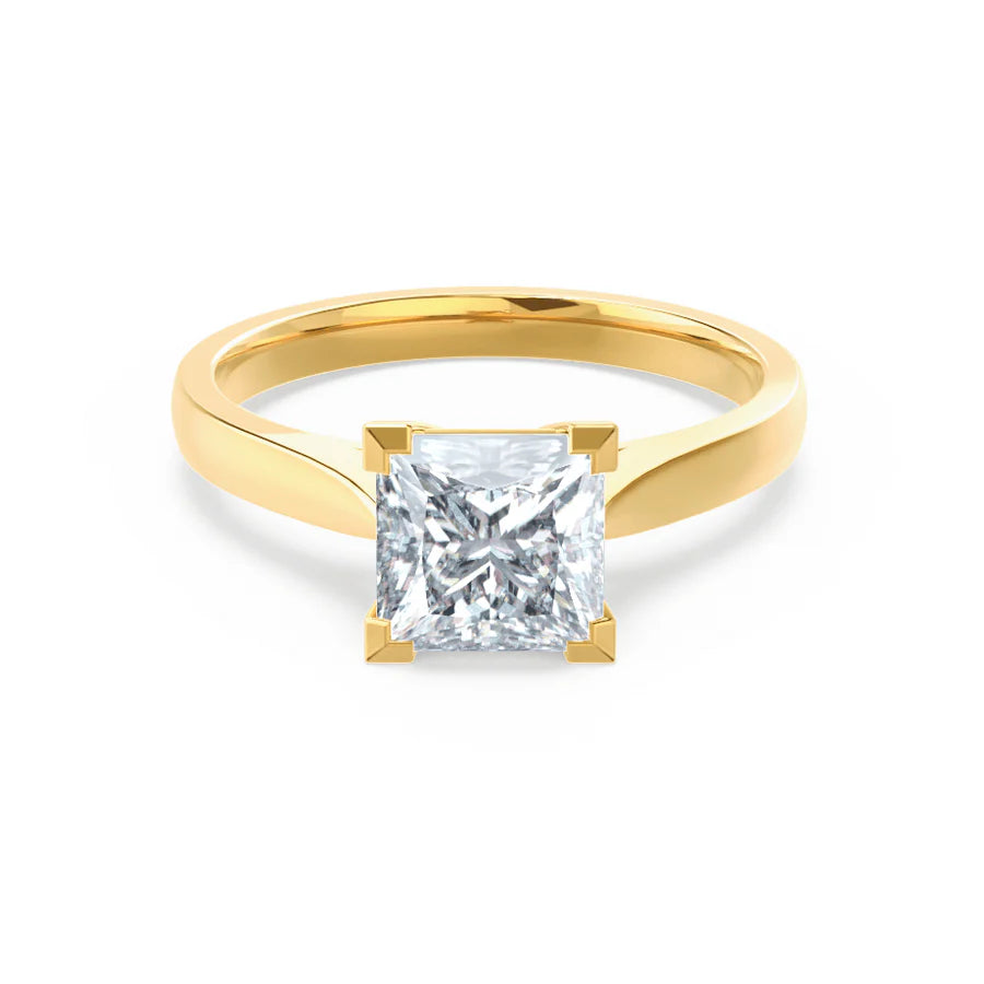 Three - stone diamond engagement ring in rose gold, symbolizing past, present, and futureROSALEE - Princess Lab Diamond 18k Yellow Gold Solitaire