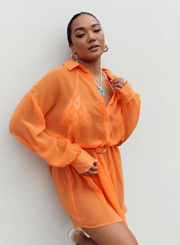 Knee - length cover ups for a versatile and practical beachwear optionHennie Long Sleeve Mini Dress Orange Knee - length cover ups for a versatile and practical beachwear optionHennie Long Sleeve Mini Dress Orange