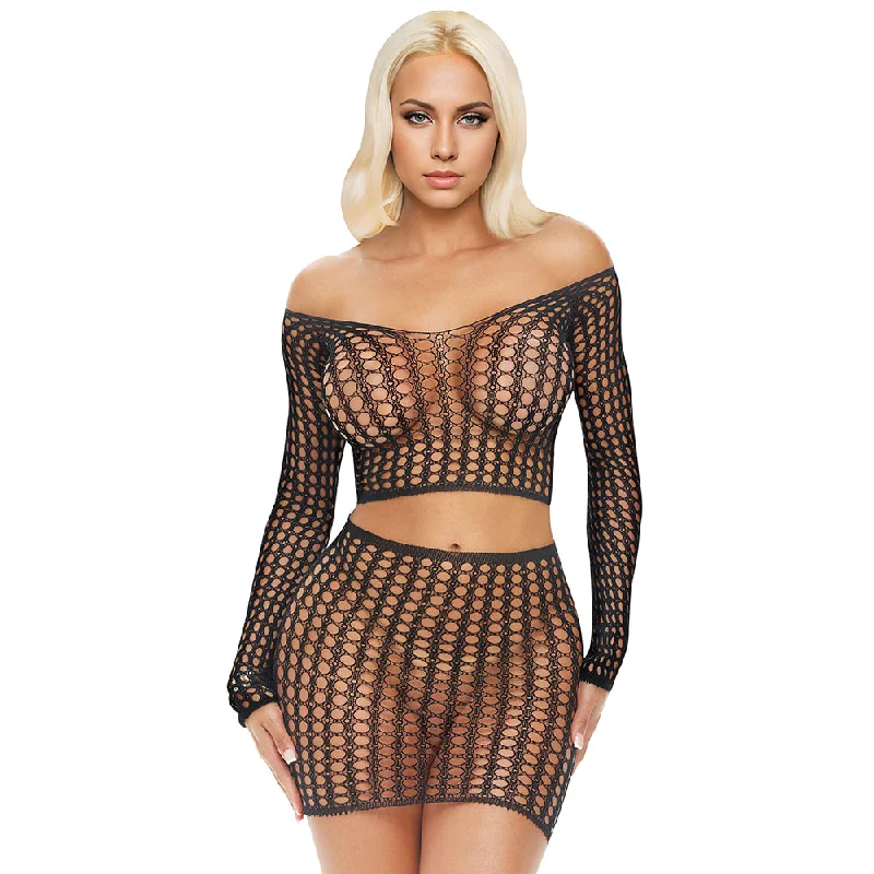 Zip - off skirt - and - shorts combination for changing activitiesLong Sleeve Fishnet Crop Top & Mini Skirt Set Zip - off skirt - and - shorts combination for changing activitiesLong Sleeve Fishnet Crop Top & Mini Skirt Set