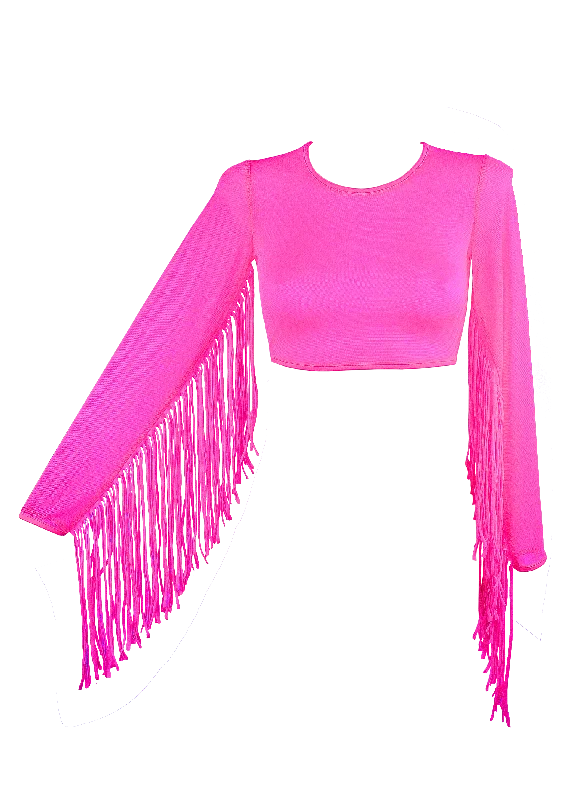 Sequin - Embellished Women's Crop Top in Black for a Glamorous Party LookCrop Top Fringe Long Sleeve Mesh T-Shirt / Neon Pink Rave Top Sequin - Embellished Women's Crop Top in Black for a Glamorous Party LookCrop Top Fringe Long Sleeve Mesh T-Shirt / Neon Pink Rave Top