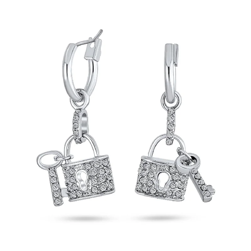 Statement - making drop earrings for special occasionsPave Crystal Lock & Key Charm Dangle Earrings Silver Plated for Couples Statement - making drop earrings for special occasionsPave Crystal Lock & Key Charm Dangle Earrings Silver Plated for Couples