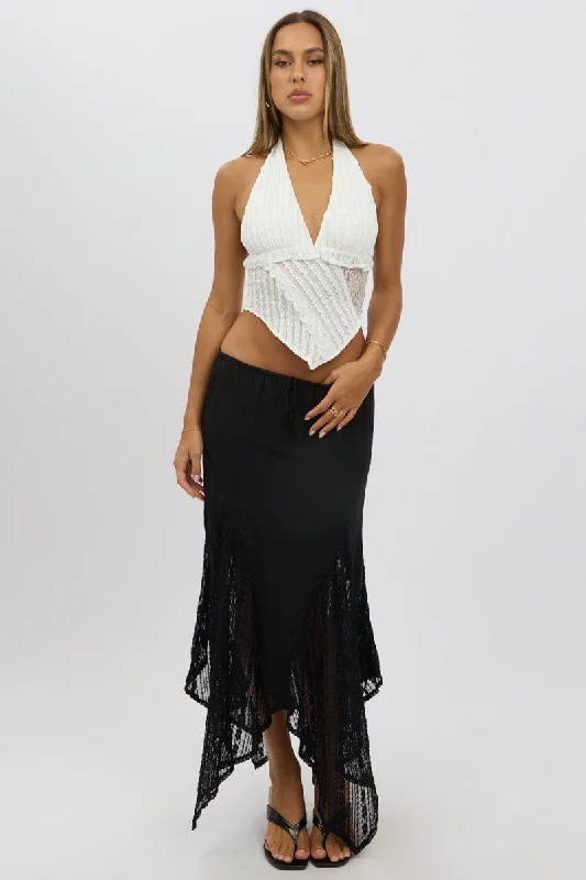 Button - down skirts for a classic style Black Lace Elastic Waist Scarf Hem Maxi Skirt