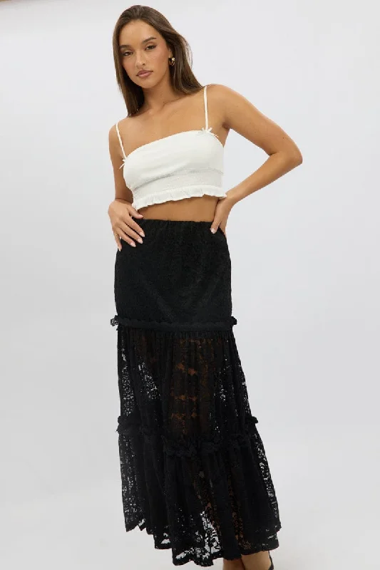 Skirts with a metallic finish Black Lace Maxi Skirt Elastic Waist Tiered Lined