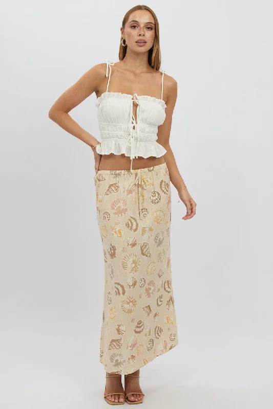Tartan skirts for autumn Beige Abstract Midaxi Skirt Relaxed Fit Elastic Waist