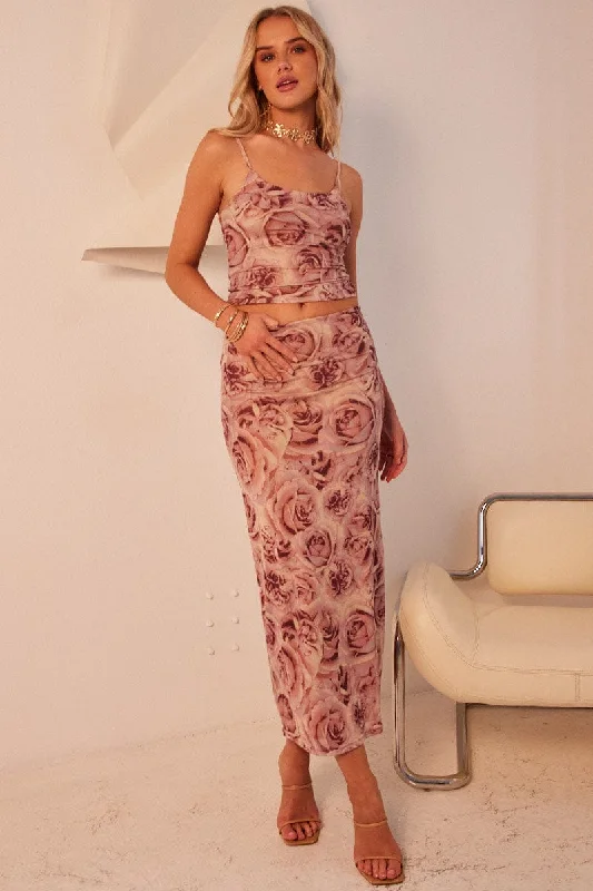 Sheath skirts for formal occasions Pink Floral Midi Skirt High Rise Mesh
