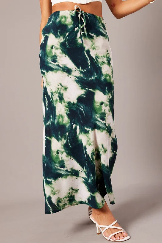 Short skirts for young girls Green Abstract Slip Skirt Maxi Drawstring Waist