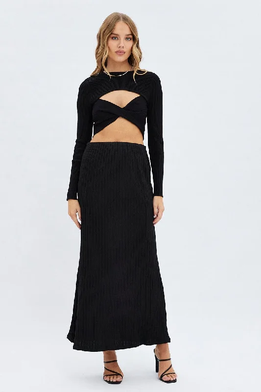 Skirts for a girls' night out Black Maxi Skirt Mid Rise A-line Rib Jersey