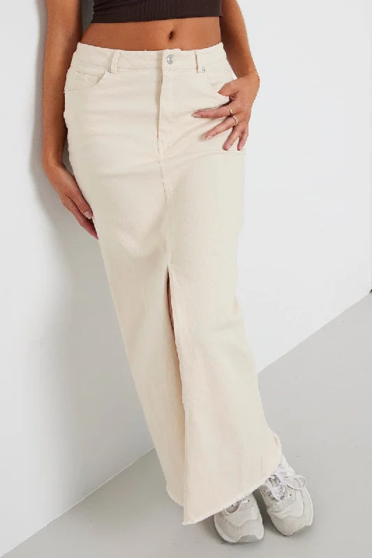 Skirts with a pom - pom trim Beige Denim Skirt Maxi Front Split