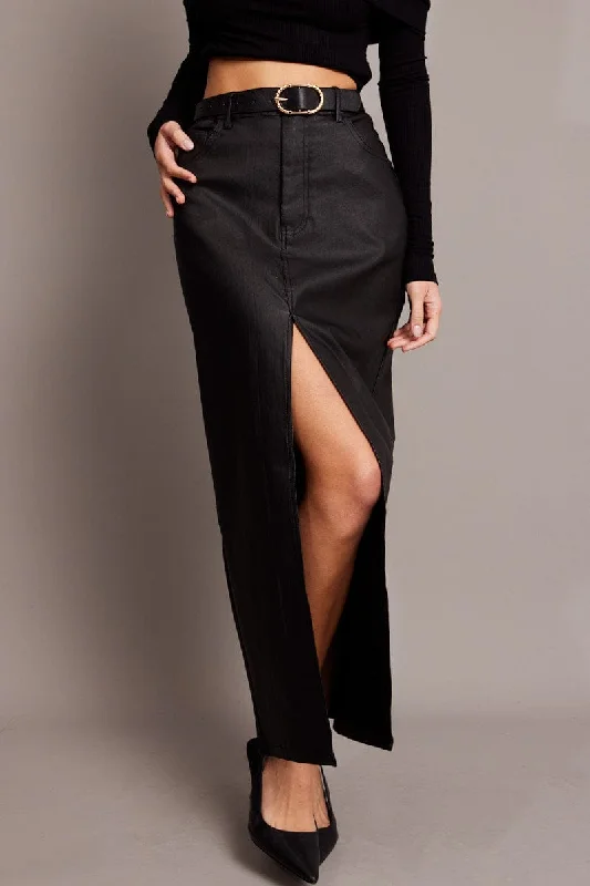 High - waisted skirts for tummy control Black Midi Skirt High Rise Coated Fabric