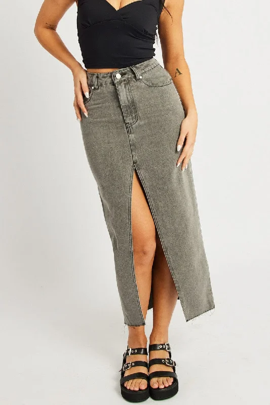 Elastic - waisted maternity skirts Grey Maxi Skirt High Rise Front Split