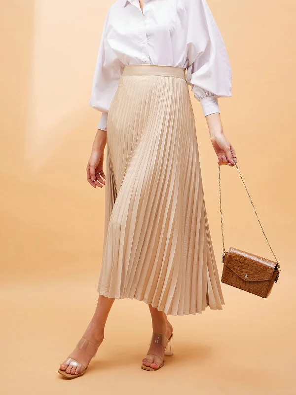 Skirts for dancing Women Beige Accordion Pleated Belted Midi Skirt