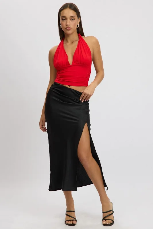 Skirts with side slits Black Slip Skirt High Waist Front Split Midaxi Satin