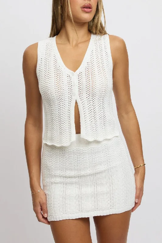 Button - down skirts for a classic style White Crochet Skirt High Waisted Mini Knit Lined