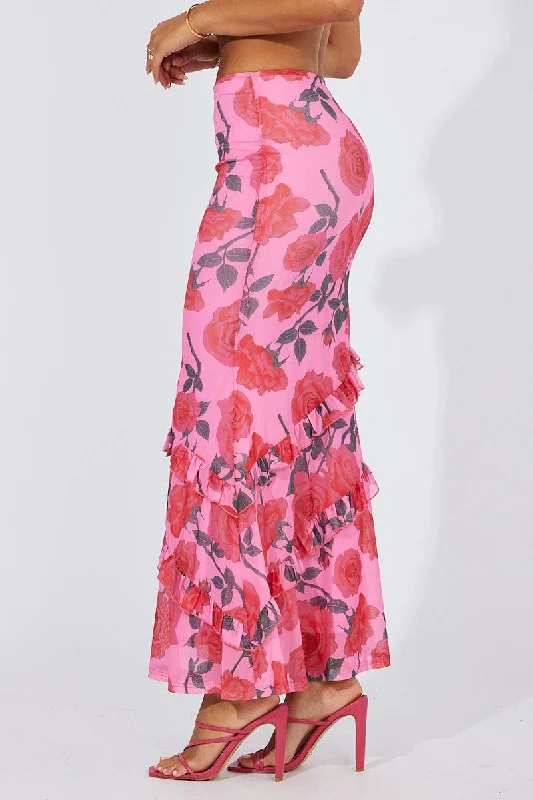 Skirts for a holiday Multi Floral Maxi Skirt Mesh Asymmetric Ruffle