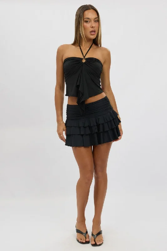 Denim skirts with embroidery Black Bloomers Skirt Elastic Waisted Mini Ruffled