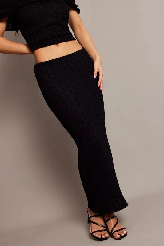Skirts with a scalloped hem Black Knit Skirt Midi High Rise Relaxed Fit
