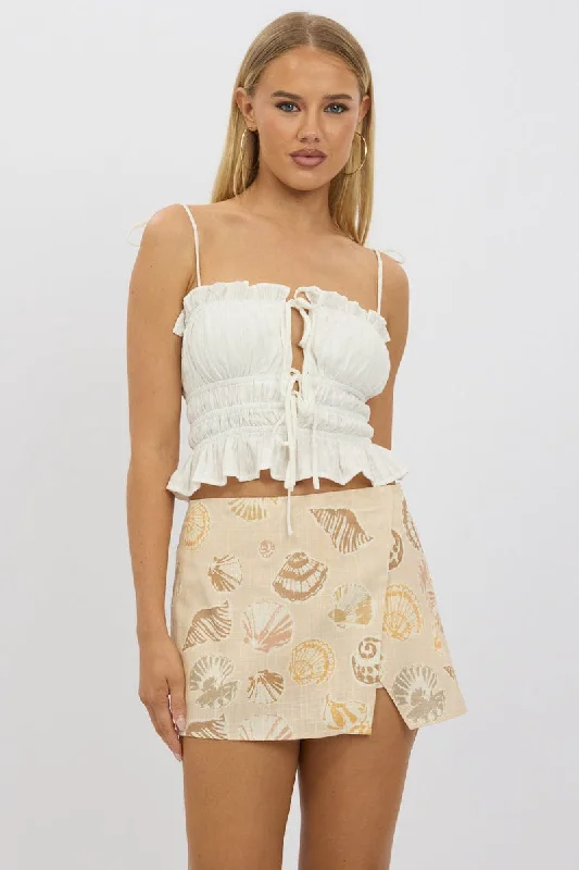 Midi skirts with pockets Beige Abstract Mini Skort Skirt High Rise Linen Blend Lined