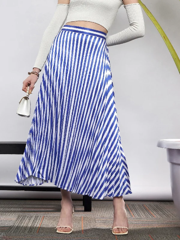 Wrap - around skirts for easy wearing Women Blue & White Satin Striped Accordion Pleated Maxi Skirt