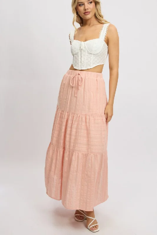 Skirts with a patchwork pattern Orange Tiered Maxi Skirt High Rise Elastic Waist Lined