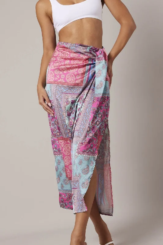 Skirts for outdoor activities Multi Paisley Scarf Maxi Skirt Gathered Wrap Paisley Satin Skirt