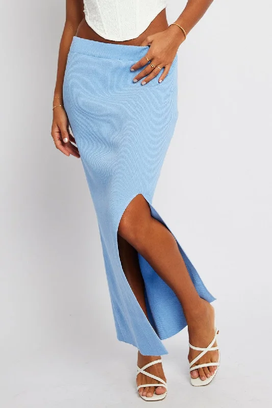 Skirts for a movie premiere Blue Knit Skirt Front Split High Rise