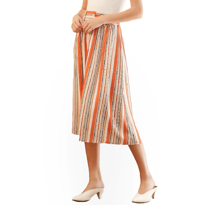 A - line cotton skirts for work Women's Multi Stripe Button Front Midi Skirt