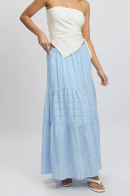Striped skirts for a nautical look Blue Tiered Maxi Skirt High Rise Elastic Waist Lined