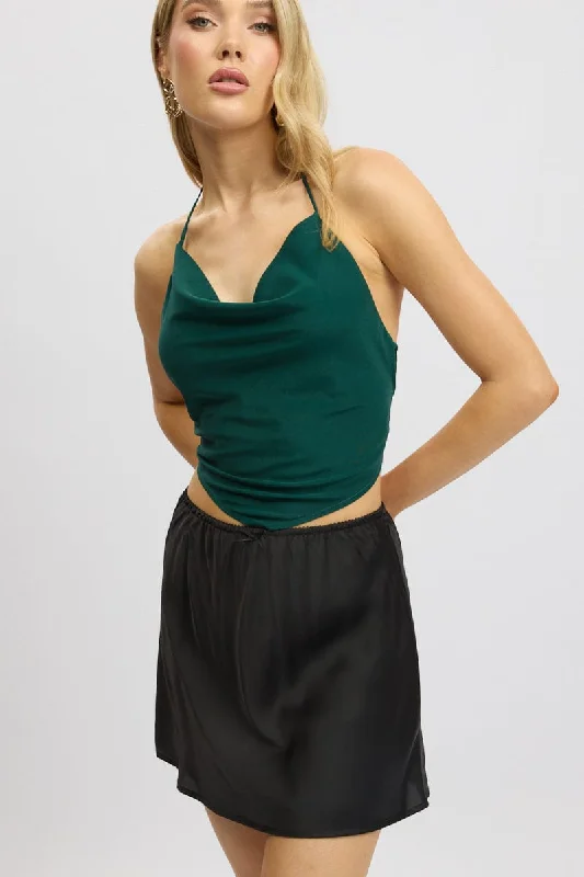 Skirts with a jacquard pattern Black Slip Skirt Elastic Waist Picot Trim Mini Satin