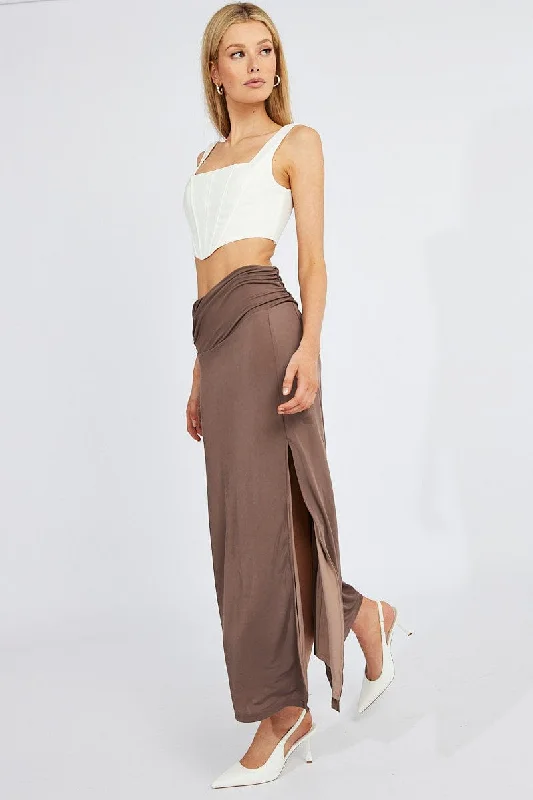 Pleated school skirts for girls Brown Maxi Skirt Asymmetric Hem