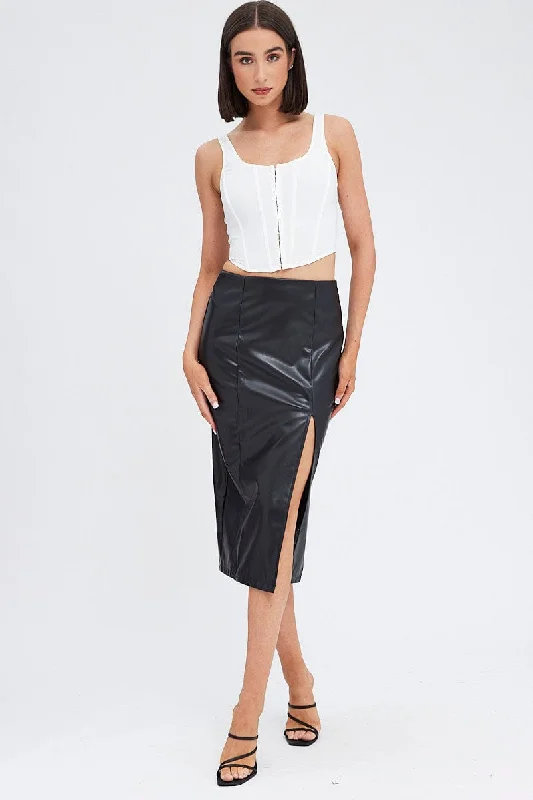 Sheath skirts for formal occasions Black Midi Skirt Front Split Faux Leather