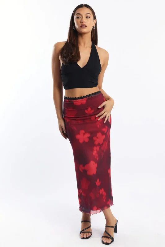 Skirts for a casual dinner Red Floral Mesh Skirt Elasticated Lace Trim Midaxi