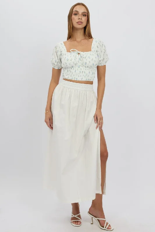 Printed organza skirts for a special occasion White Maxi Skirt Shirred Waist Relaxed Fit