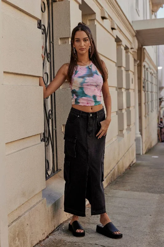 Skirts for a holiday Black Denim Maxi Skirt Cargo