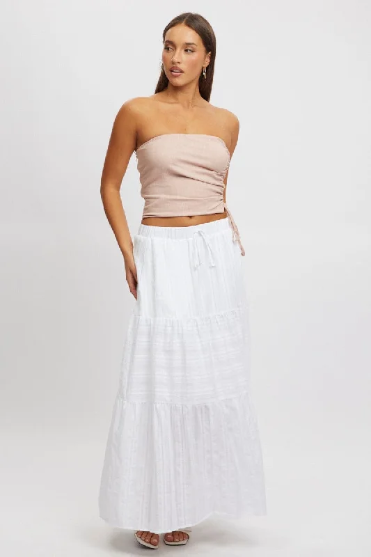 Skirts with a patchwork pattern White Tiered Maxi Skirt High Rise Elastic Waist Lined