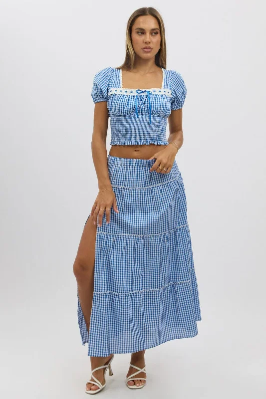 Skirts for a holiday Blue Check Tiered Maxi Skirt Elastic Waist Slit Ruffle