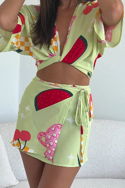 Skirts for outdoor activities Green Abstract Wrap Skirt High Rise Mini