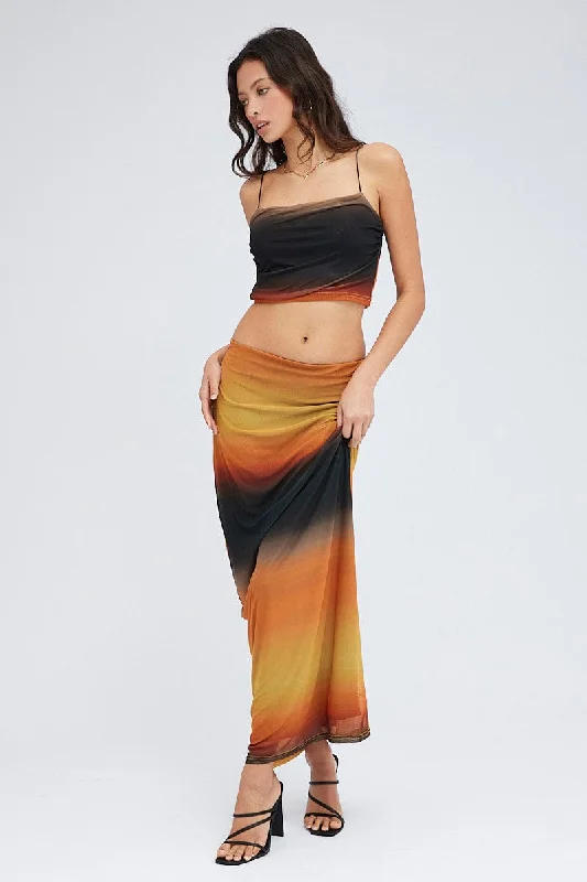 Skirts with a patchwork pattern Brown Abstract Maxi Skirt Pencil High Rise Mesh
