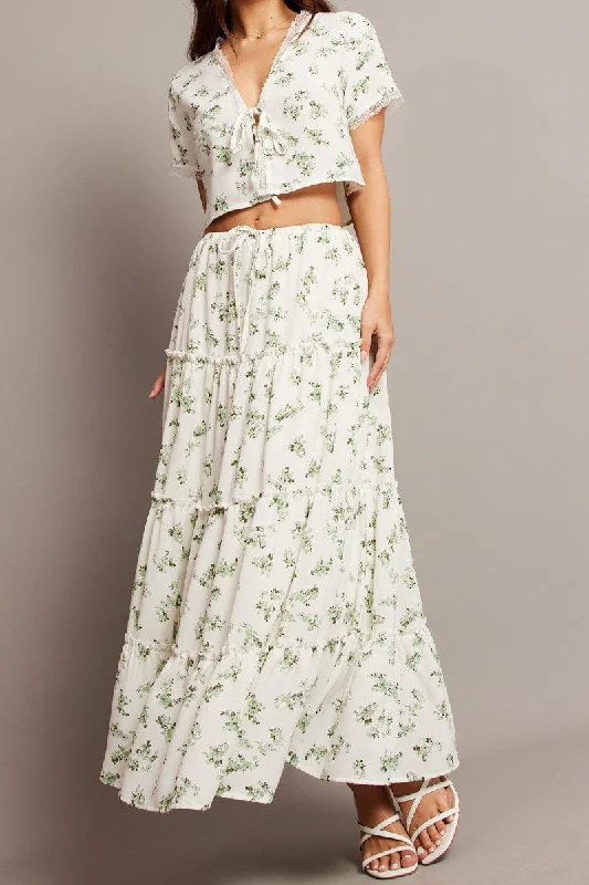 Skirts for a nature walk Green Floral Maxi Skirt Tiered High Rise Elastic Waistband