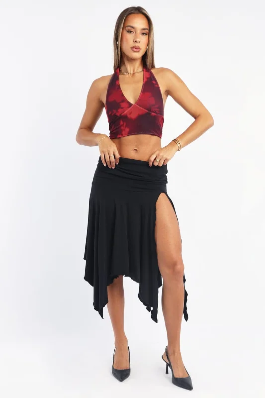 A - line skirts for petite women Black Scarf Hem Skirt High Rise Midi Asymm Supersoft