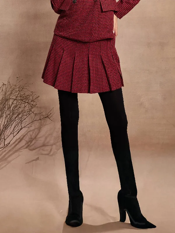 Sheath skirts for formal occasions Women Red Houndstooth Check Pleated Mini Skirt