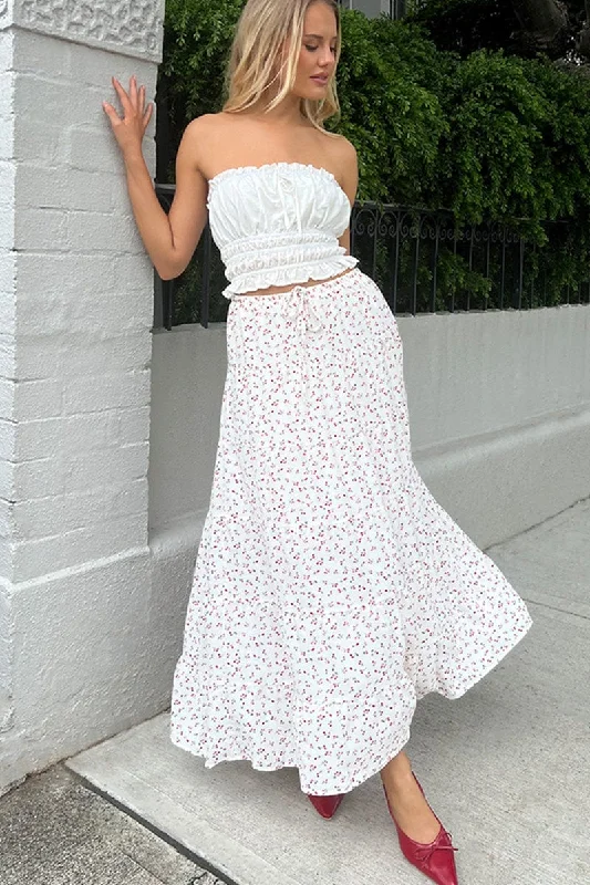 Skirts with lace trim White Ditsy Maxi Skirt Tiered High Rise