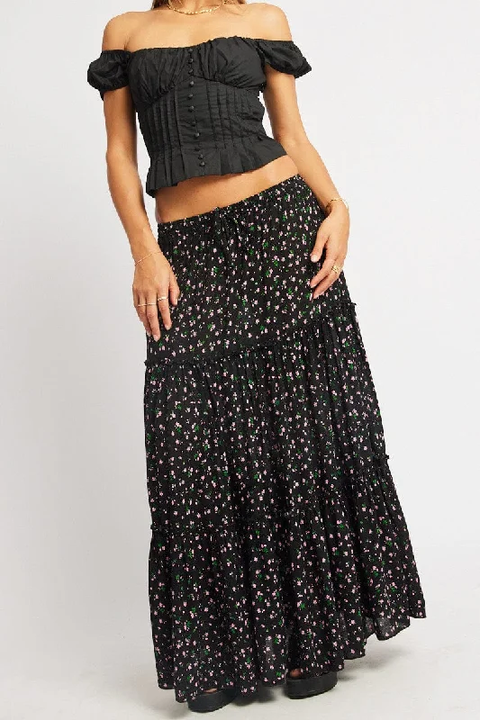 Skirts with lace trim Black Ditsy Maxi Skirt Tiered High Rise Elastic Waistband