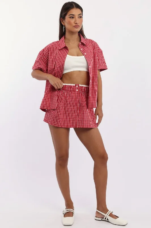 Skirts with a metallic finish Red Check Boxer Mini Skirt Mid Rise Relaxed Fit