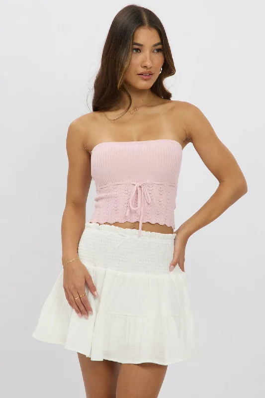 Cotton blend skirts for durability White Mini Skort Skirt Shirred Waist Cotton Textured Lined