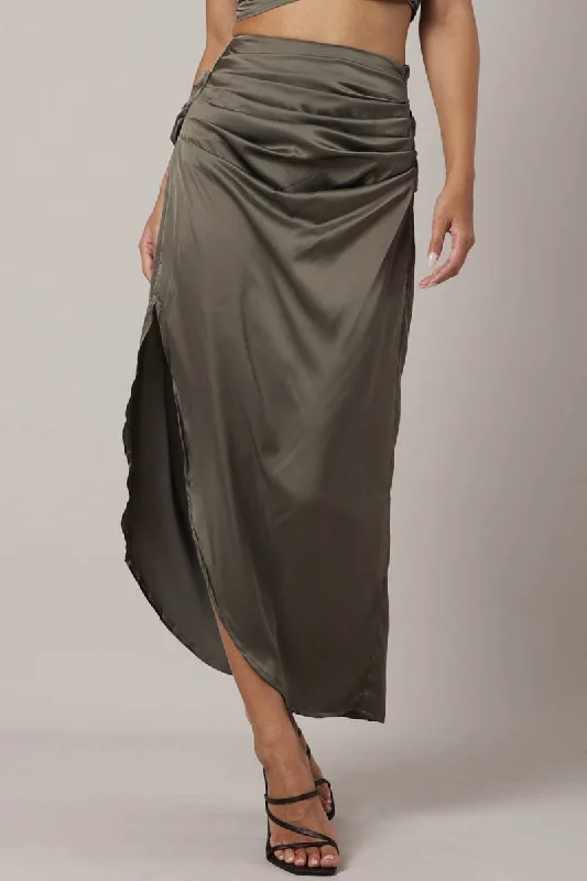 Skirts for a garden party Green Ruched Maxi Skirt Draped Satin Skirt