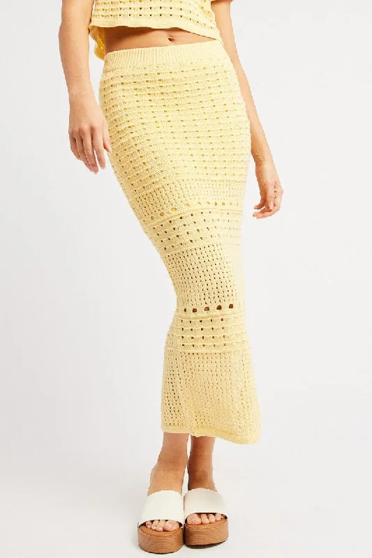 Leather pencil skirts for women Yellow Crochet Skirt High Rise Maxi