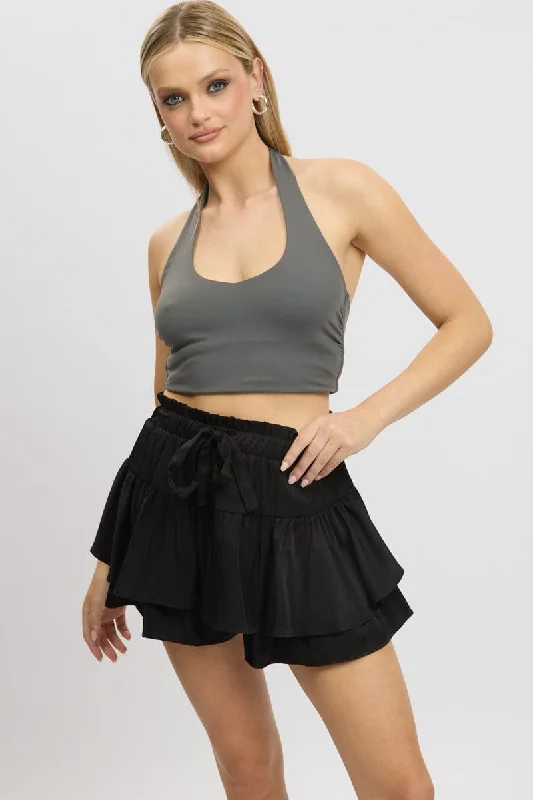 Skirts with a geometric pattern Black Skort Skirt Frilled Hem Elasticated Waist