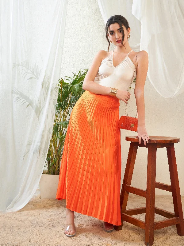 Corduroy skirts for winter Women Orange Satin Accordion Pleated Maxi Skirt