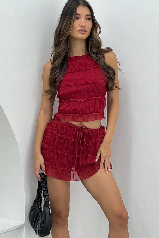 Printed skirts for travel Red Mini Skirt Mid Rise Shirred Detail Lined Bloomers