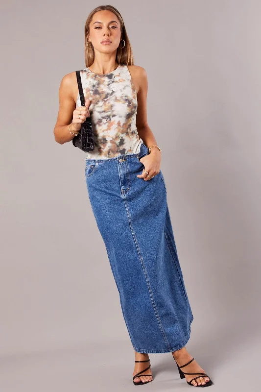 Skirts for a casual dinner Denim Maxi Skirt High Rise A-line Raw Edge Denim